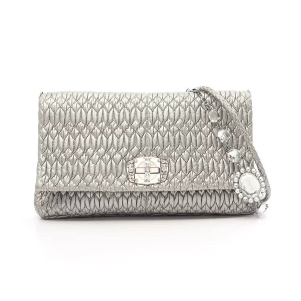 Miu Miu NAPPA CRYSTAL Matelasse Shoulder Bag Leather Silver Tone